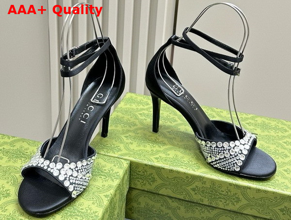 Gucci Womens Mid Heel Sandals with Crystals in Black Satin 749833 Replica