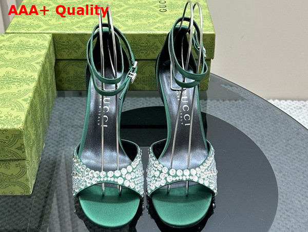 Gucci Womens Mid Heel Sandals with Crystals in Green Satin 749833 Replica