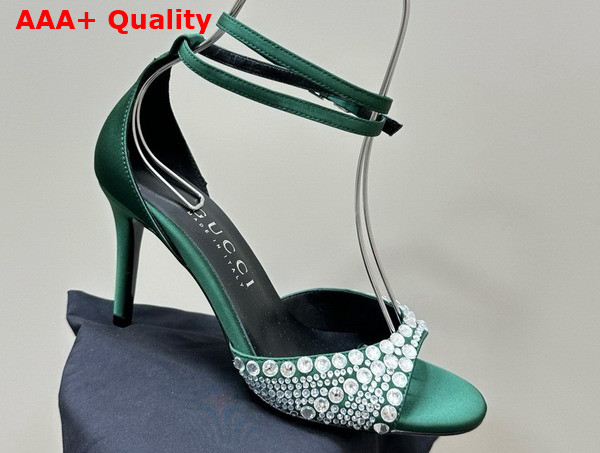 Gucci Womens Mid Heel Sandals with Crystals in Green Satin 749833 Replica