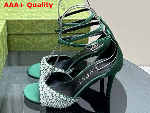 Gucci Womens Mid Heel Sandals with Crystals in Green Satin 749833 Replica