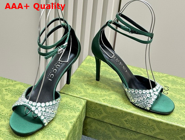 Gucci Womens Mid Heel Sandals with Crystals in Green Satin 749833 Replica