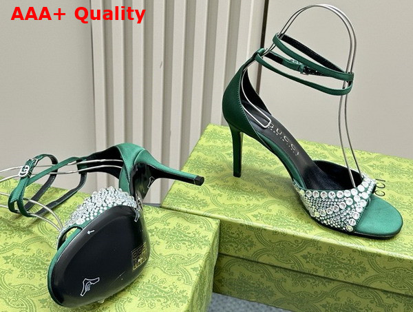 Gucci Womens Mid Heel Sandals with Crystals in Green Satin 749833 Replica