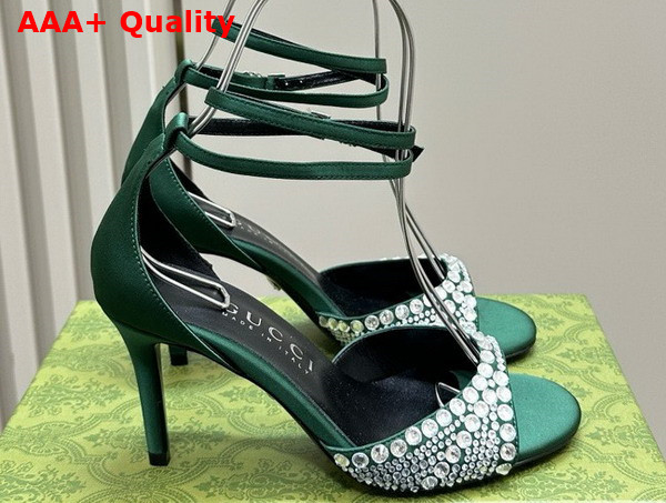 Gucci Womens Mid Heel Sandals with Crystals in Green Satin 749833 Replica