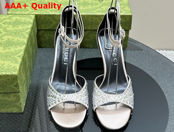 Gucci Womens Mid Heel Sandals with Crystals in Silver Satin 749833 Replica