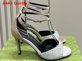 Gucci Womens Mid Heel Sandals with Crystals in Silver Satin 749833 Replica