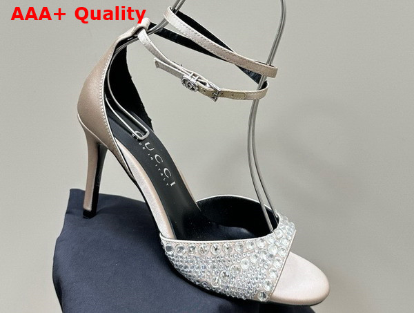 Gucci Womens Mid Heel Sandals with Crystals in Silver Satin 749833 Replica