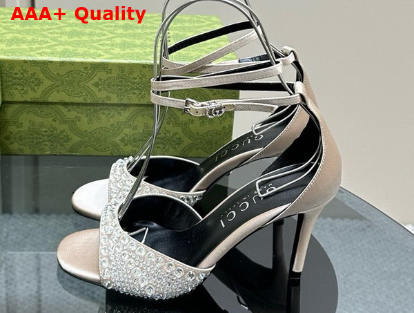 Gucci Womens Mid Heel Sandals with Crystals in Silver Satin 749833 Replica