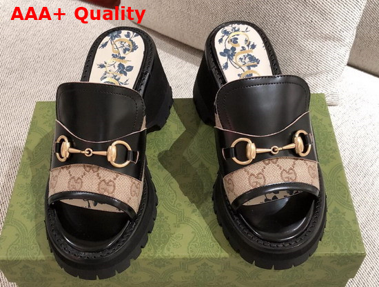 Gucci Womens Mid Heel Slide Sandal in Black Leather and Beige Ebony GG Canvas Replica