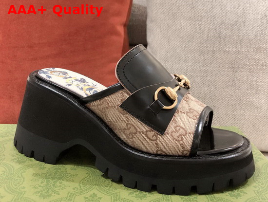 Gucci Womens Mid Heel Slide Sandal in Black Leather and Beige Ebony GG Canvas Replica