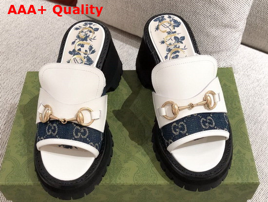 Gucci Womens Mid Heel Slide Sandal in White Leather and Blue GG Canvas Replica