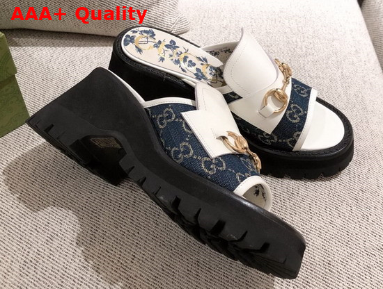 Gucci Womens Mid Heel Slide Sandal in White Leather and Blue GG Canvas Replica