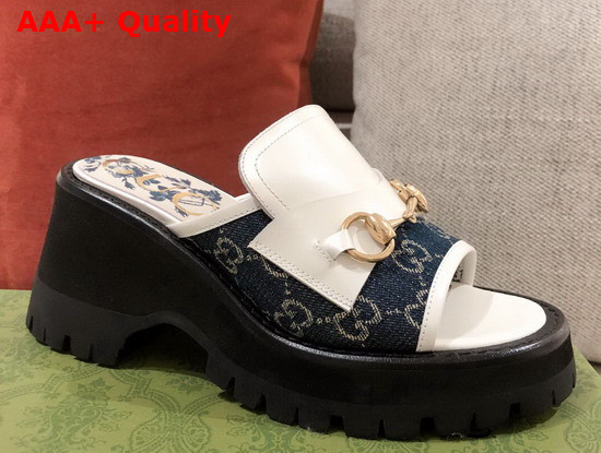 Gucci Womens Mid Heel Slide Sandal in White Leather and Blue GG Canvas Replica