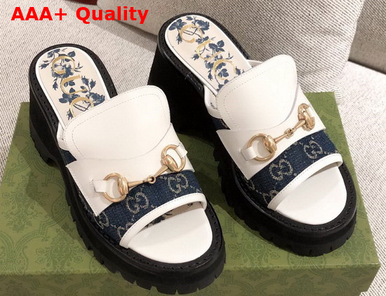 Gucci Womens Mid Heel Slide Sandal in White Leather and Blue GG Canvas Replica