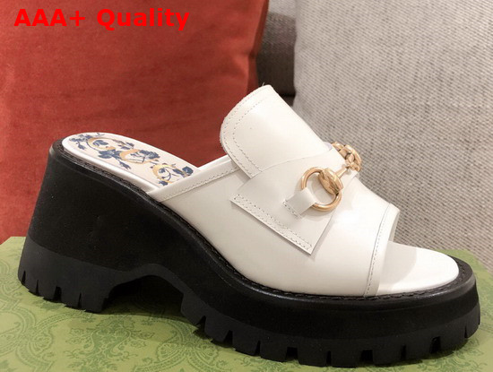 Gucci Womens Mid Heel Slide Sandal with Horsebit White Leather 645396 Replica