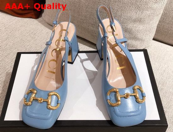 Gucci Womens Mid Heel Slingback with Horsebit Light Blue Leather 643892 Replica