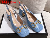 Gucci Womens Mid Heel Slingback with Horsebit Light Blue Leather 643892 Replica