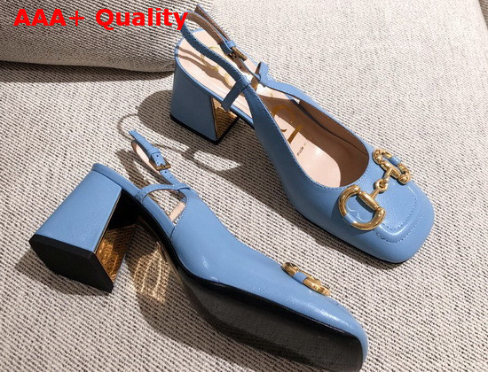 Gucci Womens Mid Heel Slingback with Horsebit Light Blue Leather 643892 Replica