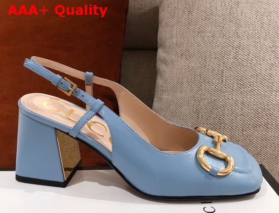 Gucci Womens Mid Heel Slingback with Horsebit Light Blue Leather 643892 Replica