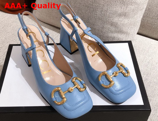 Gucci Womens Mid Heel Slingback with Horsebit Light Blue Leather 643892 Replica