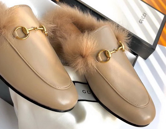 Gucci Womens Princetown Leather Slipper in Brown Leather with Lamb Wool Lining