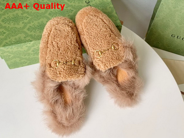 Gucci Womens Princetown Shearling Slipper in Light Brown Replica