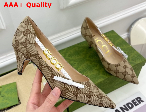 Gucci Womens Pump with Gucci Letter Hardware Beige GG Canvas Replica