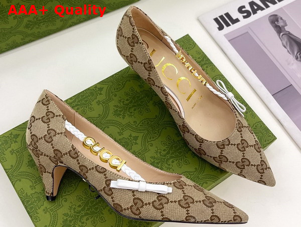 Gucci Womens Pump with Gucci Letter Hardware Beige GG Canvas Replica