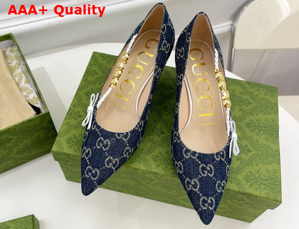 Gucci Womens Pump with Gucci Letter Hardware Blue GG Jacquard Denim Replica