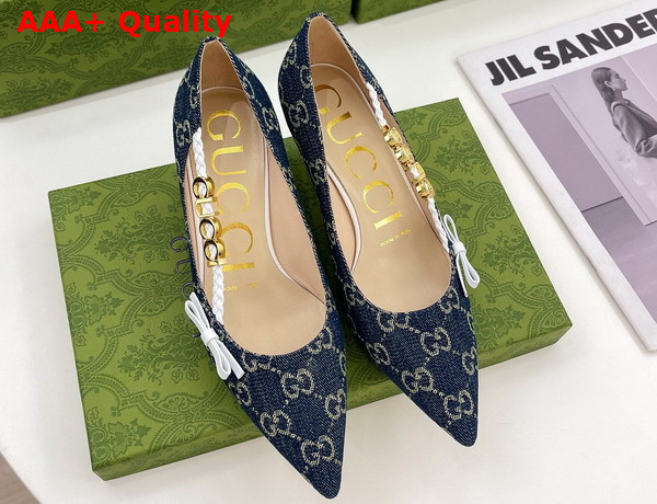 Gucci Womens Pump with Gucci Letter Hardware Blue GG Jacquard Denim Replica