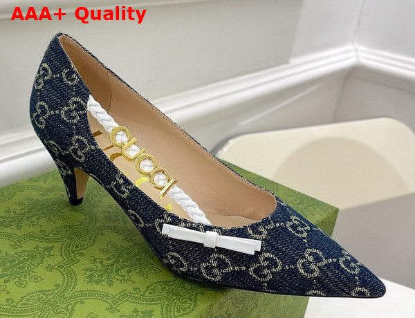 Gucci Womens Pump with Gucci Letter Hardware Blue GG Jacquard Denim Replica