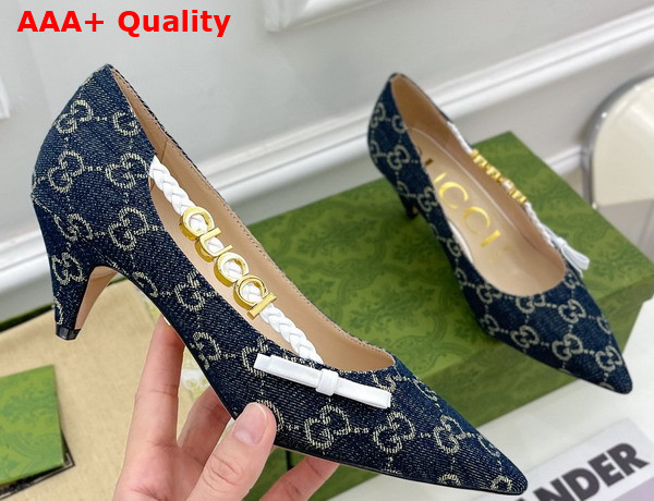 Gucci Womens Pump with Gucci Letter Hardware Blue GG Jacquard Denim Replica