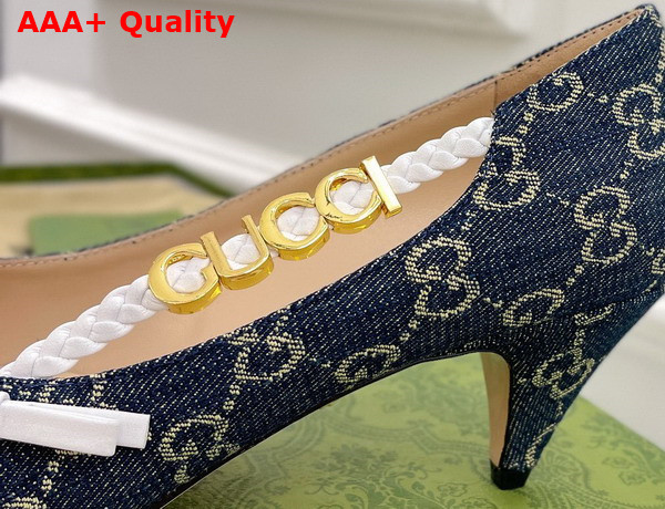 Gucci Womens Pump with Gucci Letter Hardware Blue GG Jacquard Denim Replica