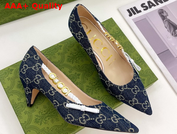 Gucci Womens Pump with Gucci Letter Hardware Blue GG Jacquard Denim Replica