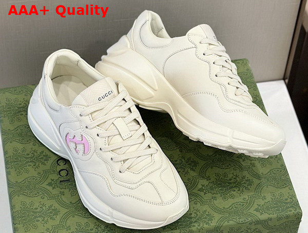 Gucci Womens Rhyton Sneaker in Ivory Leather with Pink Trim 757887 Replica