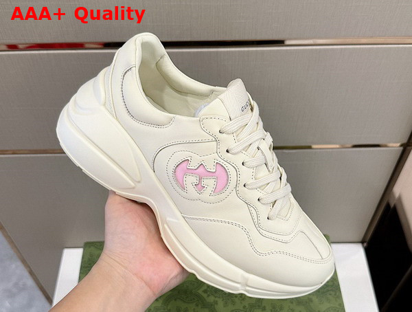 Gucci Womens Rhyton Sneaker in Ivory Leather with Pink Trim 757887 Replica