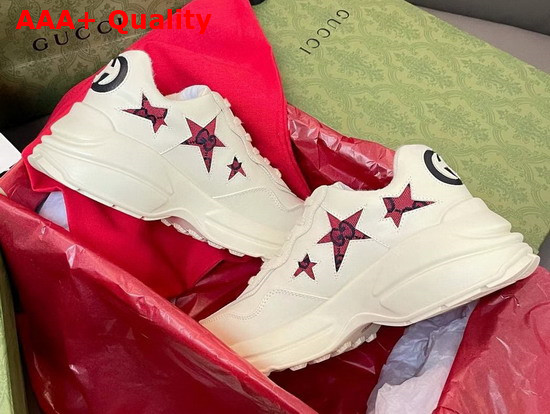 Gucci Womens Rhyton Sneaker with Stars White Leather and Red GG Canvas 660938 Replica