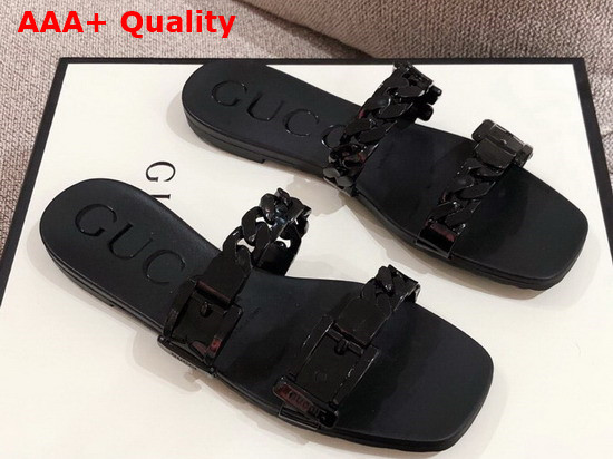 Gucci Womens Rubber Slide Sandal in Black Rubber 624731 Replica