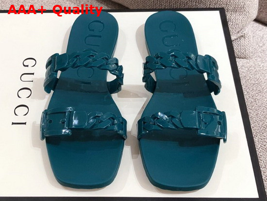 Gucci Womens Rubber Slide Sandal in Blue Rubber 624731 Replica