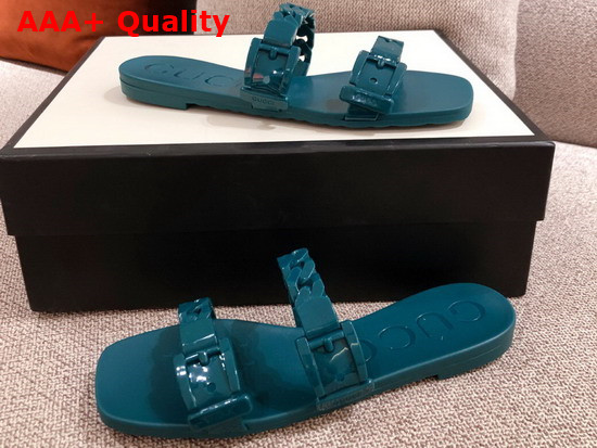 Gucci Womens Rubber Slide Sandal in Blue Rubber 624731 Replica