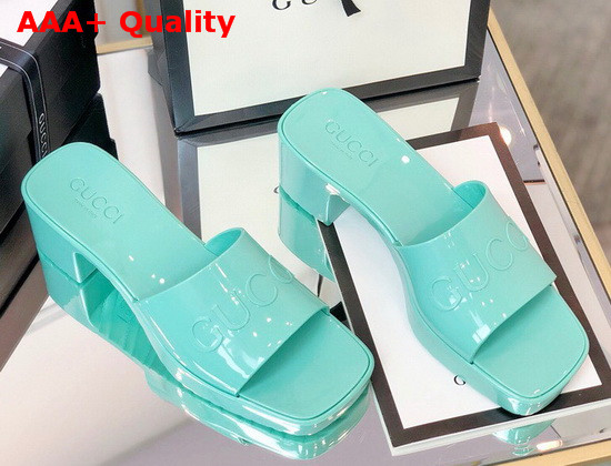 Gucci Womens Rubber Slide Sandal in Green Rubber 624730 Replica