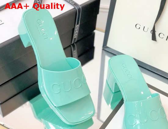 Gucci Womens Rubber Slide Sandal in Green Rubber 624730 Replica