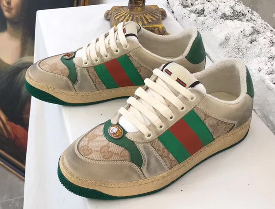 Gucci Womens Screener Leather Sneaker Butter Leather with Beige Ebony Original GG Canvas Green Leather Details 570443