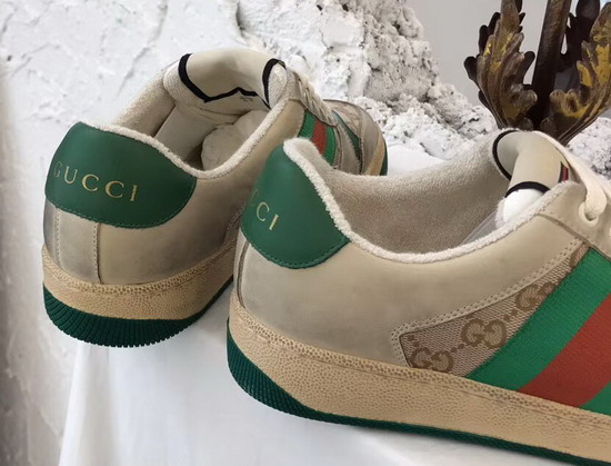 Gucci Womens Screener Leather Sneaker Butter Leather with Beige Ebony Original GG Canvas Green Leather Details 570443