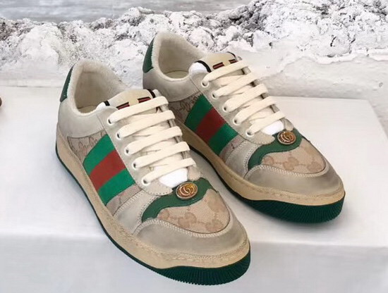 Gucci Womens Screener Leather Sneaker Butter Leather with Beige Ebony Original GG Canvas Green Leather Details 570443