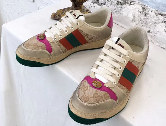 Gucci Womens Screener Leather Sneaker Butter Leather with Beige Ebony Original GG Canvas Pink Leather Details 570443