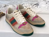 Gucci Womens Screener Leather Sneaker Butter Leather with Beige Ebony Original GG Canvas Pink Leather Details 570443