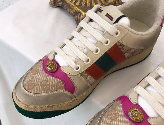 Gucci Womens Screener Leather Sneaker Butter Leather with Beige Ebony Original GG Canvas Pink Leather Details 570443