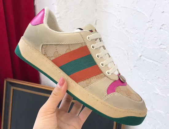 Gucci Womens Screener Leather Sneaker Butter Leather with Beige Ebony Original GG Canvas Pink Leather Details 570443