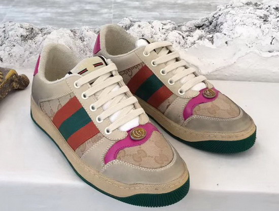 Gucci Womens Screener Leather Sneaker Butter Leather with Beige Ebony Original GG Canvas Pink Leather Details 570443