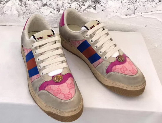 Gucci Womens Screener Leather Sneaker Off White Leather with Pink Moire Fabric Lilac Leather Details 577684